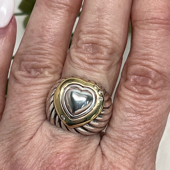 David Yurman Diamond Cable Wide Band Heart Ring .925/18K Gold - Picture 5 of 11